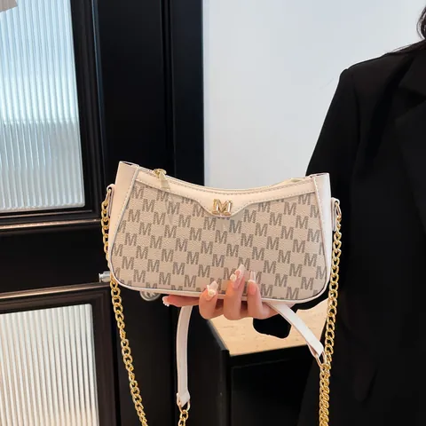 Vintage PU Leather Monogram Shoulder Bag For Women Gold Metal Logo Chain Strap Underarm Bag Fashion Handbag Daily Commuting Tote