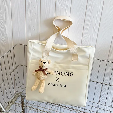 Women Retro Letter Print Canvas Tote Bag Small Square Shoulder Crossbody Bag With Bear Charm For Daily Casual Travel White