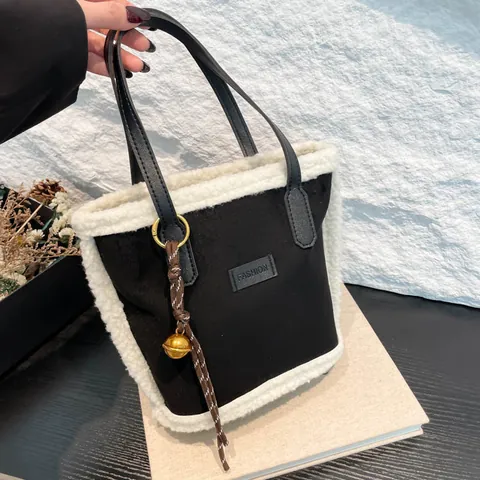 Women Autumn Winter Faux Fur Trim Bucket Bag Plush Fabric Splicing Tote Handbag Korean Fashion Casual Bag With Bell Charm
