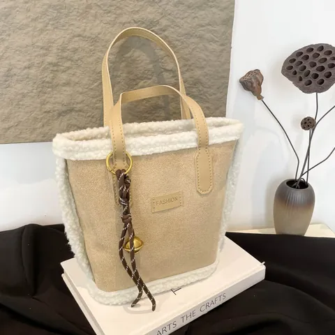 Women Autumn Winter Faux Fur Trim Bucket Bag Plush Fabric Splicing Tote Handbag Korean Fashion Casual Bag With Bell Charm