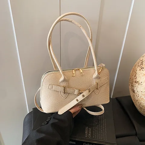 Women's PU Leather Woven Texture Shoulder Bag Large Capacity Fashion Underarm Bag Retro Gold Buckle Urban Casual Handbag