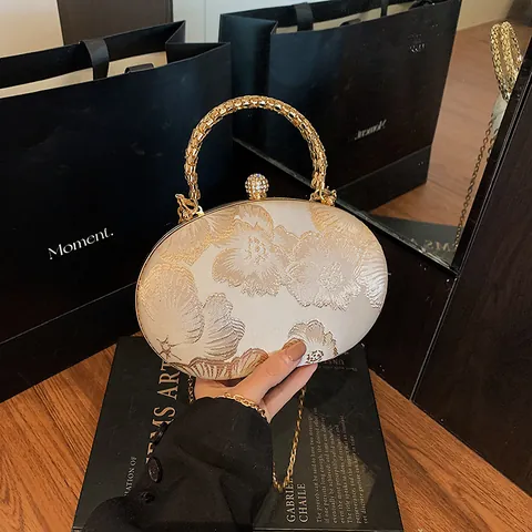 Designer Kleine Ronde Avondtas Voor Dames Mode Kettingtas Bloemen Borduurwerk Satijn Legering Strass Sluiting Handtas