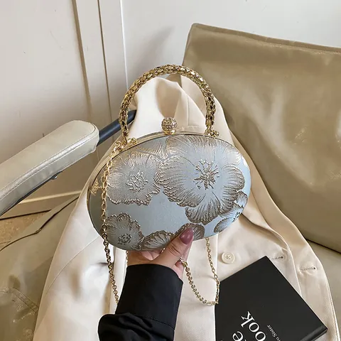 Designer Kleine Ronde Avondtas Voor Dames Mode Kettingtas Bloemen Borduurwerk Satijn Legering Strass Sluiting Handtas
