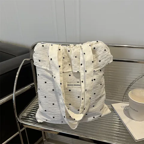 Floral Print Ruffle Seersucker Tote Bag For Women Fairy Style Sweet Shoulder Bag Vacation Casual Handbag