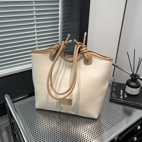 Women Minimalist PU Leather Tote Bag Large Capacity Fashion Casual Shoulder Bag With Knot Straps Contrast Color Commute Handbag