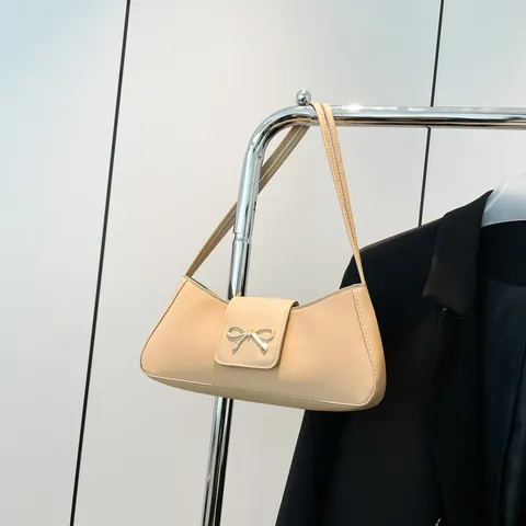 Women Baguette Bag PU Leather Underarm Shoulder Bag Gold Bow Buckle Niche Design Fashionable Handbag For Daily
