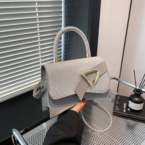 Women PU Leather Sequin Crossbody Bag With Golden D Buckle Small Square Handbag Fashion Single Shoulder Purse For Party Daily Use