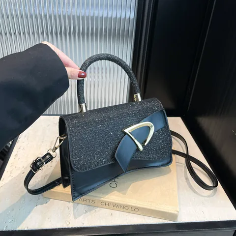 Women PU Leather Sequin Crossbody Bag With Golden D Buckle Small Square Handbag Fashion Single Shoulder Purse For Party Daily Use