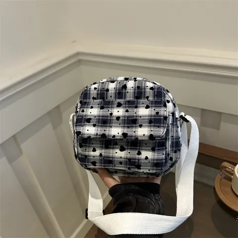 Borsa a Sella Donna Stampa Quadri e Cuori Piccola Borsa a Tracolla in Tela Con Tracolla Larga Bianca Regolabile Retro Casual Quotidiana