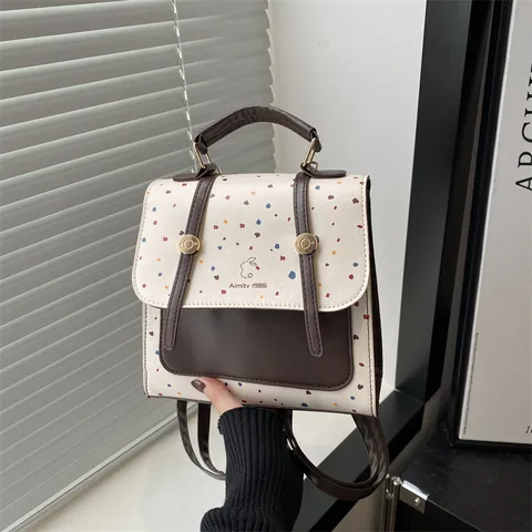 Zaino Mini da Donna in Pelle PU Retrò Borsa a Mano con Motivo a Pois Colorati Colore a Contrasto Stile College Moda