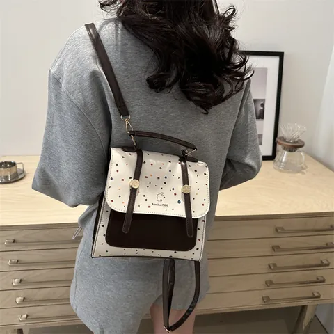 Zaino Mini da Donna in Pelle PU Retrò Borsa a Mano con Motivo a Pois Colorati Colore a Contrasto Stile College Moda