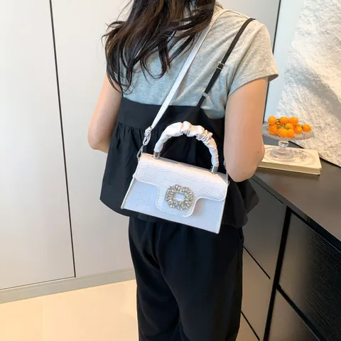 Sac à Main Élégant Gaufré Crocodile En Cuir PU Boucle En Strass Poignée Froncée Sac Bandoulière Pour Femme Mode Tote