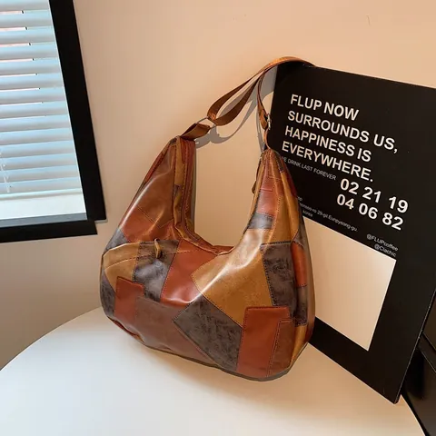 Bolso Hobo de Cuero PU con Patchwork de Gran Capacidad para Mujer Bolso de Hombro Tote Retro de Bloques de Color Geométricos para Diario