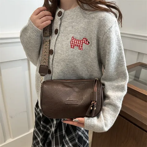 Women Vintage PU Leather Pillow Bag Fashion Shoulder Crossbody Bag With Wide Bohemian Woven Strap Daily Casual Messenger Bag