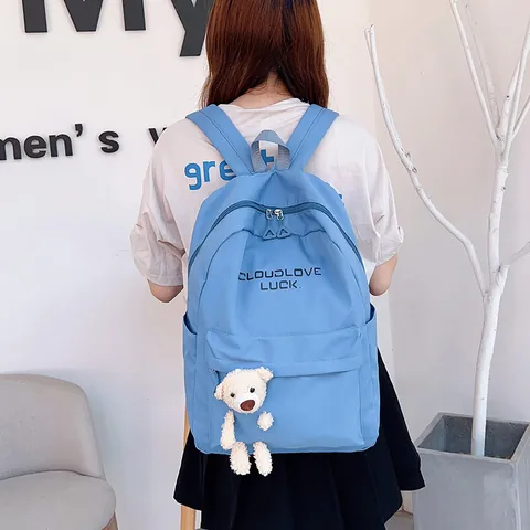 Women Casual Nylon Backpack For Teenager School Bag With Cute Bear Pendant Solid Color Breathable Laptop Travel Bookbag