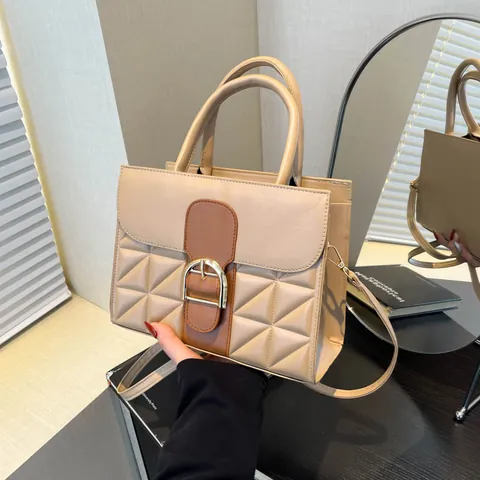 Women Elegant Quilted PU Leather Handbag Contrast Color Top Handle Bag Geometric Pattern Shoulder Crossbody Bag Daily Commute