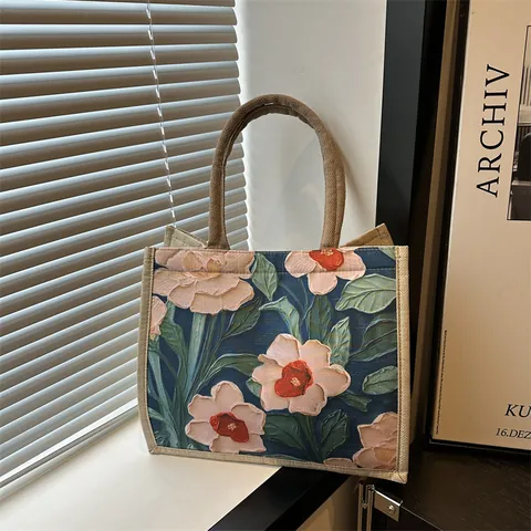 Bolso Tote de Lona con Flores Artísticas para Mujer Gran Capacidad Bolso de Hombro Vintage Estilo Pintura al Óleo Con Asa Trenzada
