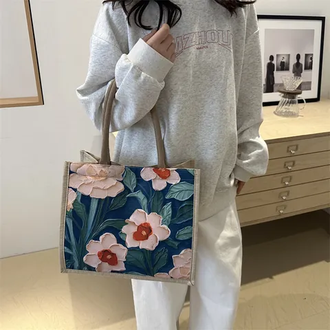 Bolso Tote de Lona con Flores Artísticas para Mujer Gran Capacidad Bolso de Hombro Vintage Estilo Pintura al Óleo Con Asa Trenzada