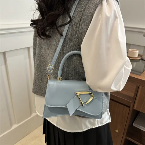 Women Fashion PU Leather Small Square Bag With D-Shaped Metal Buckle Asymmetrical Flap Handbag Shoulder Crossbody Bag