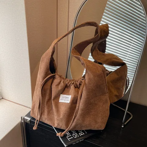 Borsa Tote da Donna in Velluto a Coste con Grande Capacità Casual Tinta Unita Coulisse Borsa a Tracolla Stile Coreano Borsa Hobo Quotidiana