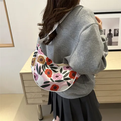 Bolso Bandolera de Media Luna Casual para Mujer con Estampado Floral y Rayas Bolso de Hombro de Cuero PU Ligero