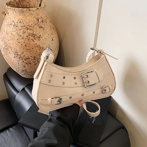 Nischen Design PU Leder Unterarmtasche Damen Retro Y2K Biker Stil Punk Ösen Gürtelschnalle Umhängetasche Lässige Tasche