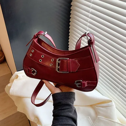 Nischen Design PU Leder Unterarmtasche Damen Retro Y2K Biker Stil Punk Ösen Gürtelschnalle Umhängetasche Lässige Tasche