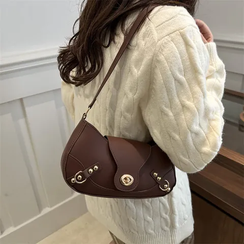 Borsa Sottobraccio a Mezzaluna in Pelle PU alla Moda per Donna Vintage Minimalista Hardware Dorato Cuciture Chiusura a Girello Borsa a Tracolla Quotidiana