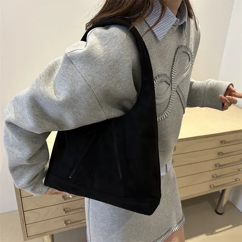 Borsa Tote da Donna in Finta Pelle Scamosciata Minimalista Coreana con Fiocco Coulisse Borsa a Spalla Vintage Grande Capacità Hobo