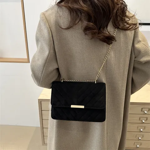 Borsa a Tracolla Vintage da Donna Trapuntata a Chevron Effetto Scamosciato Piccola Borsa Quadrata Con Catena Dorata