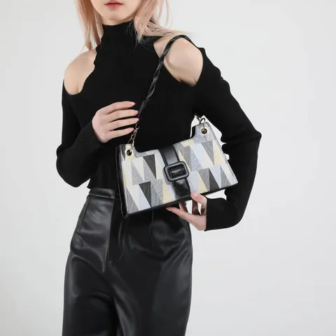 Mode Geometrisches Dreieck Patchwork Damen Umhängetasche PU Leder Geflochtener Gurt Lässige Kleine Quadratische Tasche