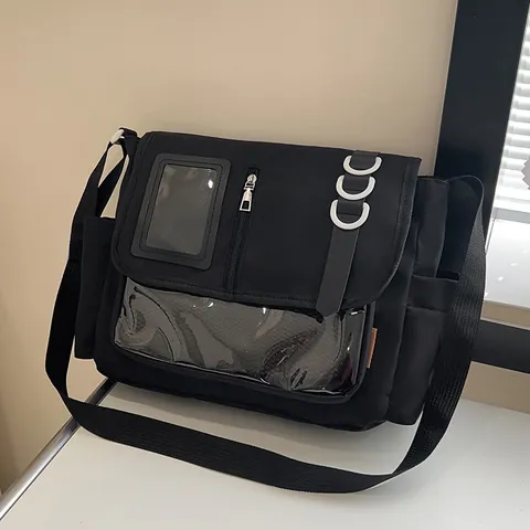 Large Capacity Nylon Messenger Ita Bag With Transparent Window For Student School Daily Use Crossbody Bag Stitching Design Tote