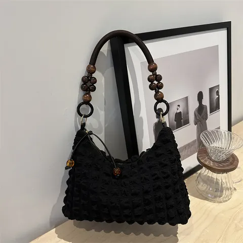 Damen Popcorn Struktur Achseltasche Plissierte Bubble Stoff Umhängetasche Mit Holzperlen Bernstein Dekor Lässige Alltagstasche