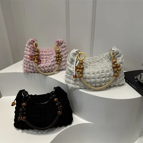 Damen Popcorn Struktur Achseltasche Plissierte Bubble Stoff Umhängetasche Mit Holzperlen Bernstein Dekor Lässige Alltagstasche