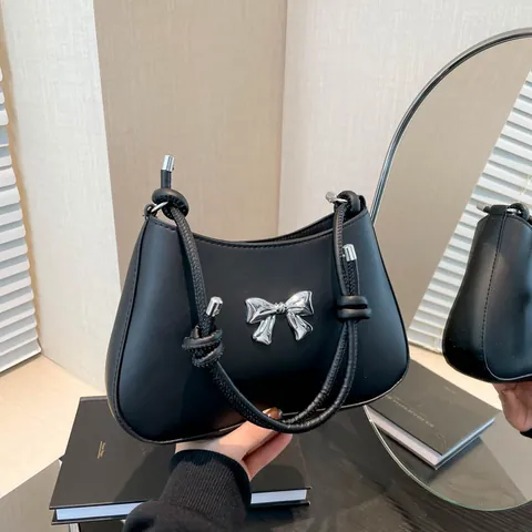 Sweet Minimalist PU Leather Underarm Bag For Women Metal Bowknot Knot Shoulder Strap Korean Style Small Shoulder Bag
