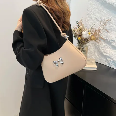 Sweet Minimalist PU Leather Underarm Bag For Women Metal Bowknot Knot Shoulder Strap Korean Style Small Shoulder Bag