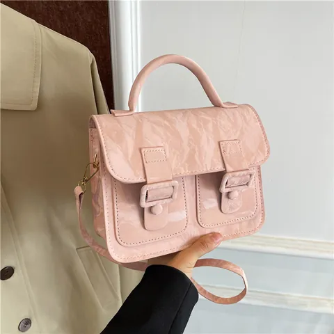 Retro Women Crinkle PU Leather Crossbody Bag Small Square Satchel With Top Handle Double Buckle Adjustable Strap Messenger Bag