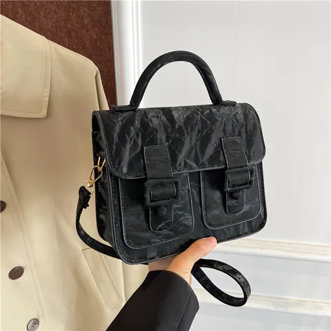 Retro Women Crinkle PU Leather Crossbody Bag Small Square Satchel With Top Handle Double Buckle Adjustable Strap Messenger Bag