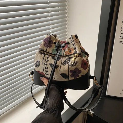 Vintage Floral Jacquard Bucket Bag For Women PU Leather Splicing Drawstring Shoulder Crossbody Bag Ethnic Style Handbag