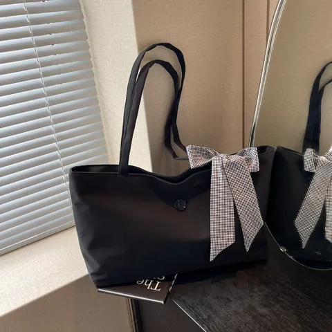 Bolso Tote de Lona de Gran Capacidad Para Mujer Con Lazo Decorativo Bolso de Hombro Simple Bolso de Mano Color Sólido Moda