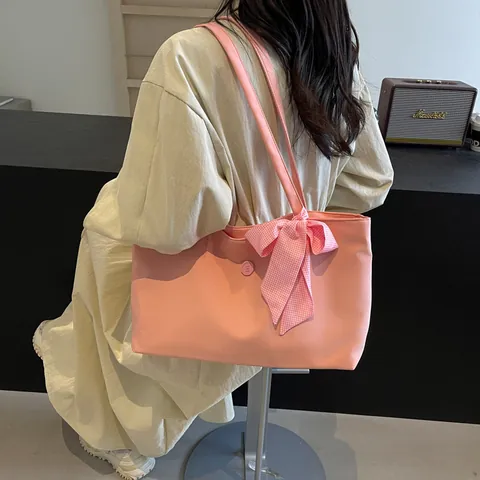 Bolso Tote de Lona de Gran Capacidad Para Mujer Con Lazo Decorativo Bolso de Hombro Simple Bolso de Mano Color Sólido Moda