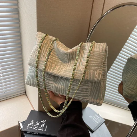Geometrische Gewebte Stoff Umhängetasche Für Damen Metallkette Riemen Große Kapazität Lässige Crossbody Quadratische Tasche