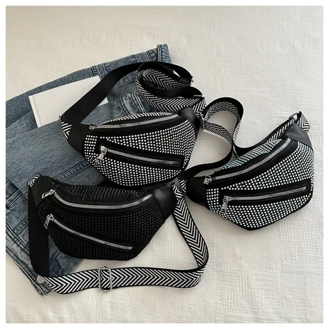 Women Luxury Rhinestone Waist Bag Fashion PU Leather Chest Bag Sparkly Crossbody Fanny Pack With Adjustable Chevron Strap