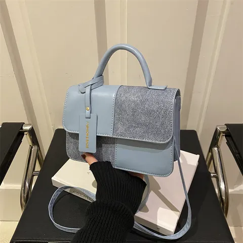 Women Patchwork Crossbody Bag PU Leather Contrast Stitching Small Square Tote Handbag With Shoulder Strap Office Travel