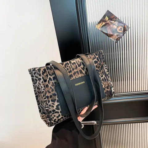Vintage Λεοπάρ Τσάντα Tote από Δέρμα PU Μεγάλη Χωρητικότητα Γυναικεία Τσάντα Ώμου Street Style Με Εξωτερική Θήκη