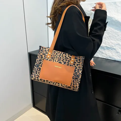 Vintage Λεοπάρ Τσάντα Tote από Δέρμα PU Μεγάλη Χωρητικότητα Γυναικεία Τσάντα Ώμου Street Style Με Εξωτερική Θήκη