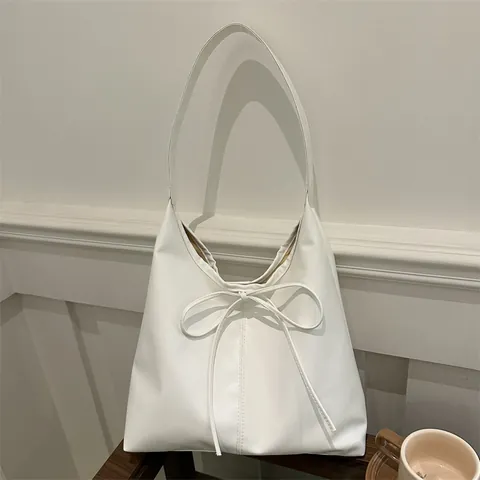 Vintage Large Capacity Bow Tote Bag For Women PU Leather Solid Color Commuter Shoulder Bag Elegant Lady Handbag Gift