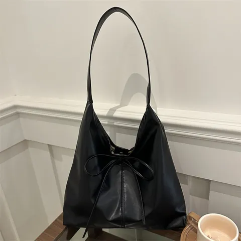 Vintage Large Capacity Bow Tote Bag For Women PU Leather Solid Color Commuter Shoulder Bag Elegant Lady Handbag Gift