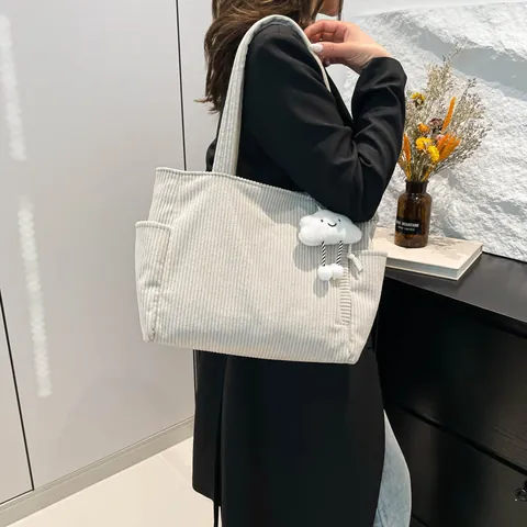 Women Corduroy Tote Bag Large Capacity Casual Shoulder Bag With Cloud Plush Charm Student School Bag Commuter Handbag