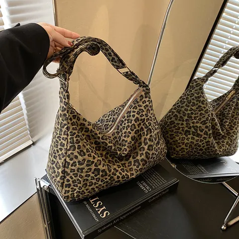 Women Leopard Print Large Capacity Tote Bag Canvas Shoulder Bag With Adjustable Strap Korean Style Casual Hobo Bag